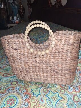 Handwoven Straw Tote with Beaded Handles - Natural Beige